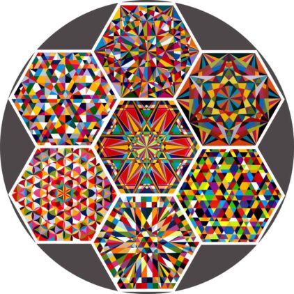 about-the-artist-ruths-process multiple hexagon geometric artworks together in a circular format