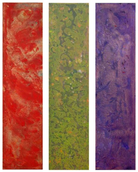 abstracts-trilogy-red-green-purple-2013 abstract trilogy, one red one green and one blue vertical square