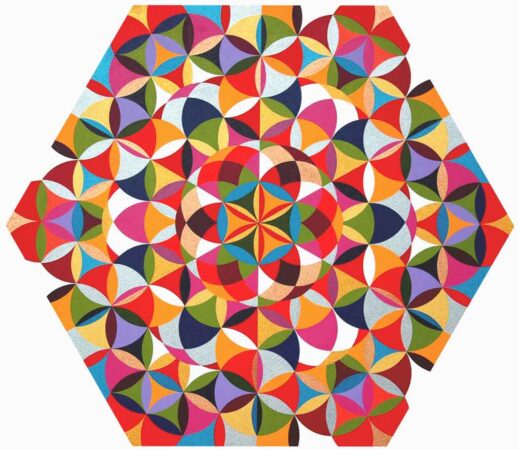 geometrics-jubilation-around-the-globe-2014 overlapping circles and flowers in a hexagon shape