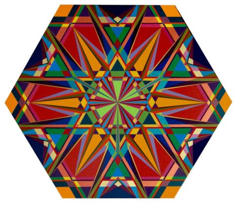 mandala-heaven-on-earth-2013 hexagon shape mandala dominant red with green and blue
